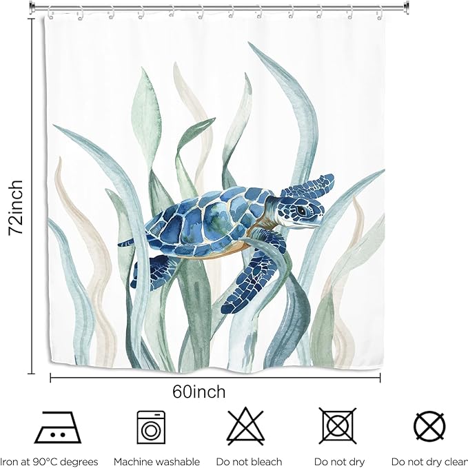 Turtle Seaweed Shower Curtain 60Wx72L Inch Sea Ocean Underwater Undersea Blue Green Watercolor Bathroom Set Accessories Decor with 12 Pack Hooks