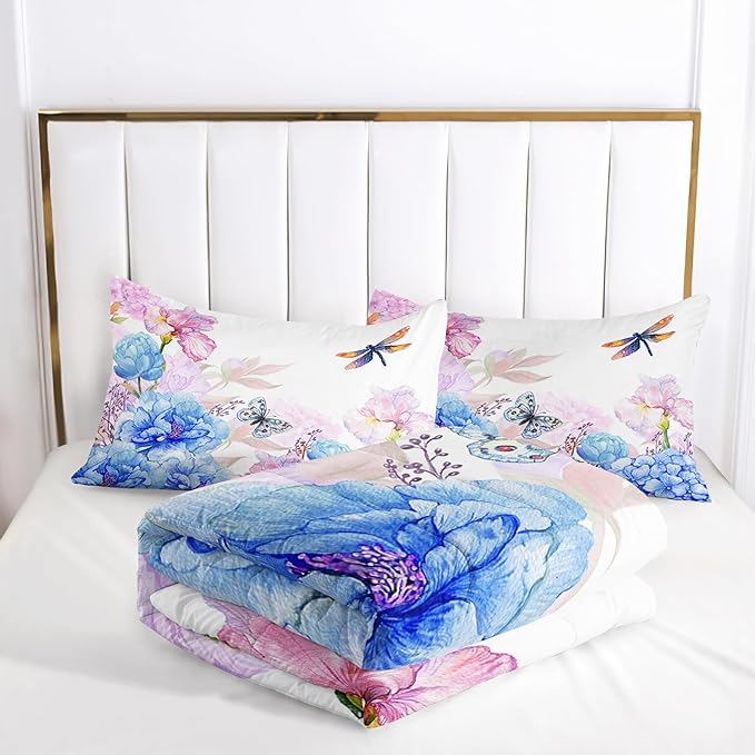 Blue and Pink Flower Comforter Set Full Dragonfly Butterfly Bedding Sets 3PCS for Kids Teen Adult Floral Room Decor Ultra-Soft Lightweight Microfiber 1 Comforter with 2 Pillowcases