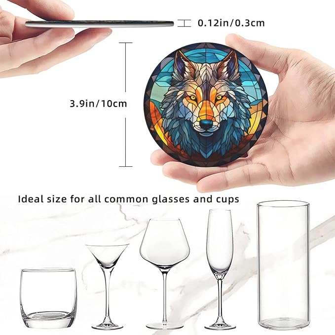 Wolf Drink Coaster Set of 6, Wolf Decor Gifts, Leather Drink Coasters with Holder, 6 Pack Cup/Bar/Drink Coasters for Table/Drinks/Coffee Protection Housewarming Gift (Wolf)