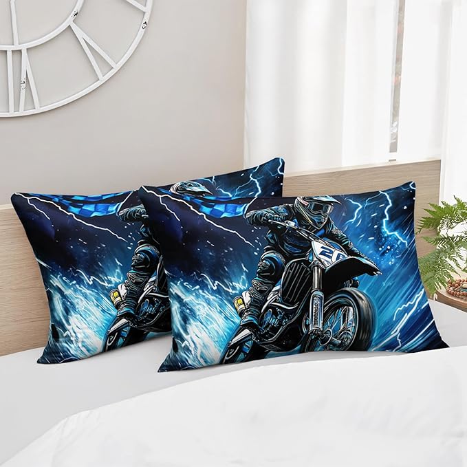 AILONEN Boys Extreme Sport Dirt Bike Bedding Set Twin Size, 3-Piece Blue Black Speed Motocross Comforter with 2 Pillowcases for Kids Men