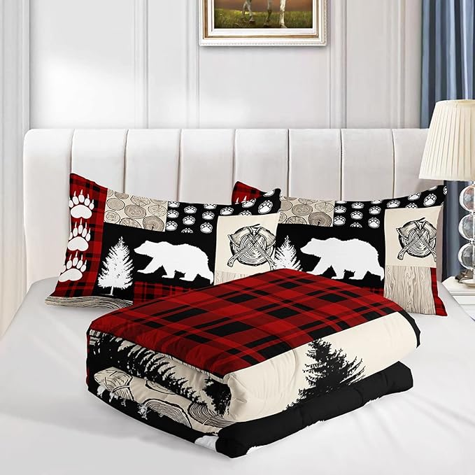 Wild Camp Kids Comforter Bedding Set for Boys Girls,Tree Bear Print and Wooden Pattern Collage Comforter with 2 Pillowcases(Wild Camp Full)