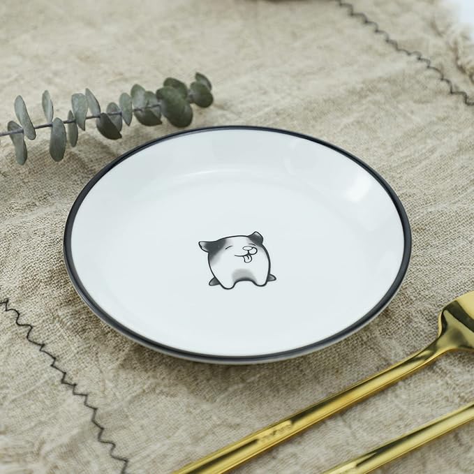WAIT FLY 5 Inches Funny Dog and Cat Pattern with Brush Strokes Ceramics Seasoning Dishes/Tea Bag Holders/Ketchup Saucer/Appetizer Plates/Seasoning Dipping Bowls, Set of 4