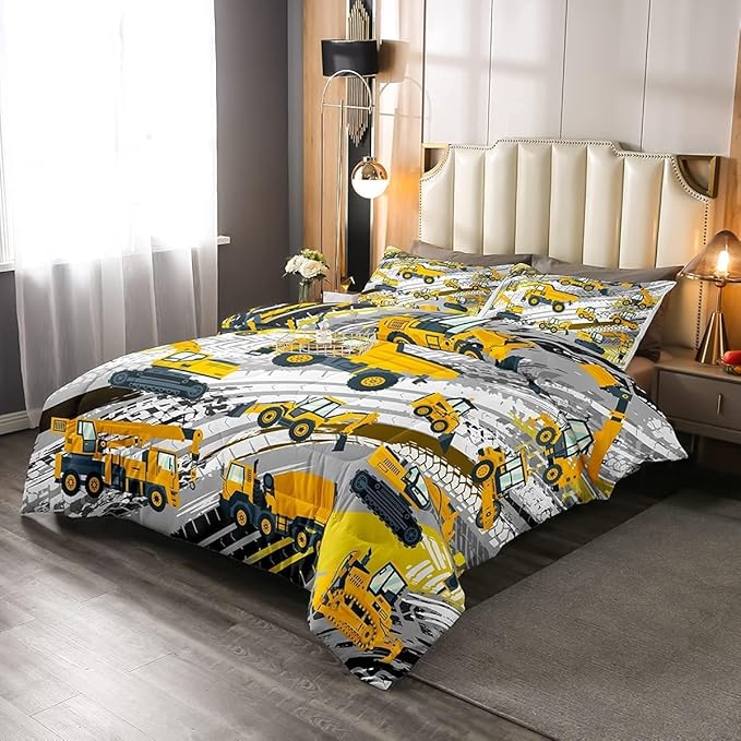 Boys Construction Comforter Set Truck Bedroom Decor for Kids Girls Under Construction Vehicles Down Comforter Nursery Children Cartoon Machinery Truck Excavator Bedding Tractor Cars Duvet Quilt,Full