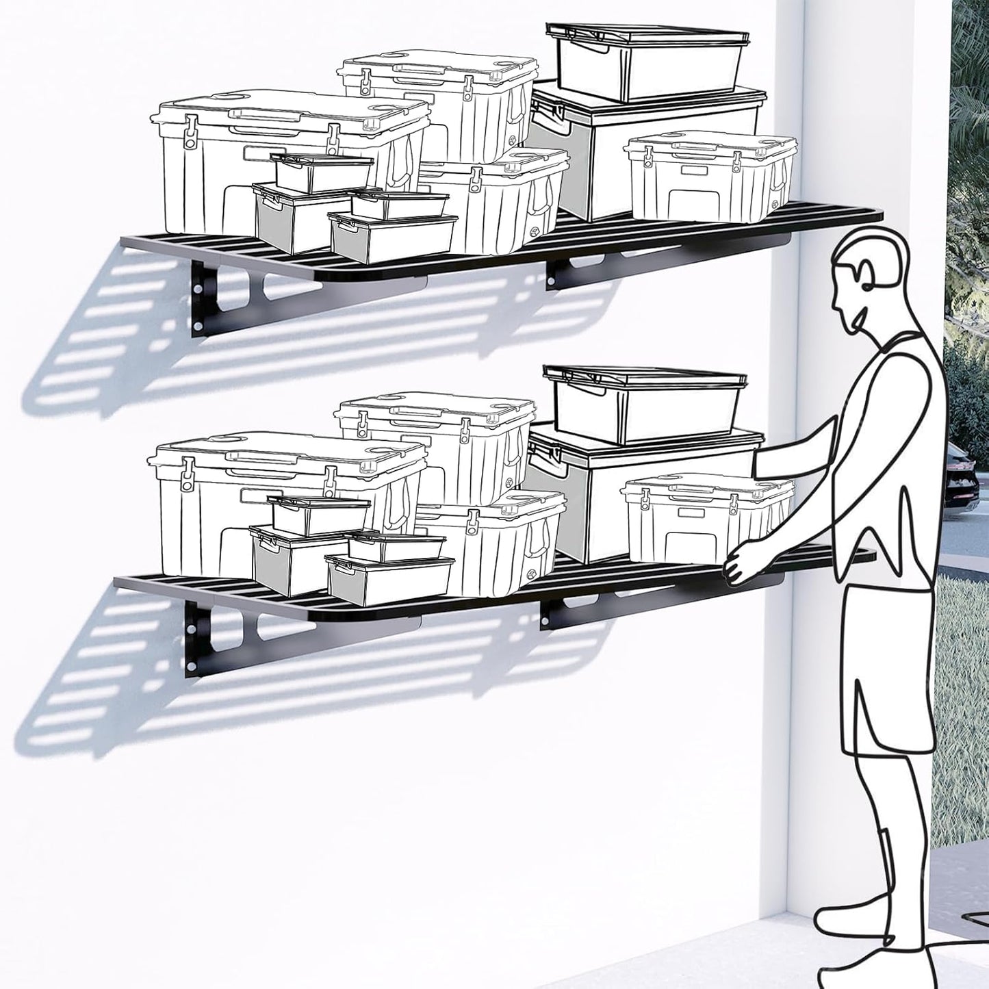 2-Pack 2x4ft Garage Wall Shelving, 2 Shelf Total 8 ft(L) Garage Wall Storage, Heavy-Duty Storage Shelves, Perfect for Holding Storage Bins, Boxes, Sporting Goods, Tools, and More. Space-Saving