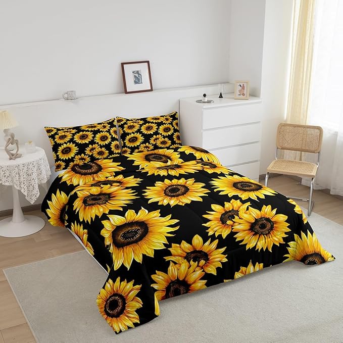 Sunflowers Comforter Set - Black & Yellow Sunflowers Print Bedding Set Twin Size for Kids Girls Women Room Decor,Cute Floral Bedding, 1 Soft Reversible Botanical Flowers Comforter and 1 Pillow Sham