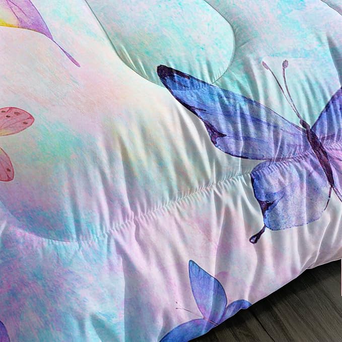 BSNTHO Butterfly Comforter Set Reversible Design Blue Tie Dye Bedding Set Twin Size Rainbow Watercolor Comforter 3 Pieces Super Soft Lightweight