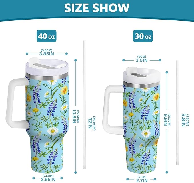 Boccsty Bluebonnet Chamomile Floral Insulated Tumblers Reusable Stainless Steel Tumbler 40 oz Cup Coffee Travel Mug Water Bottle with Handle & Flip Straw for Home Office Car