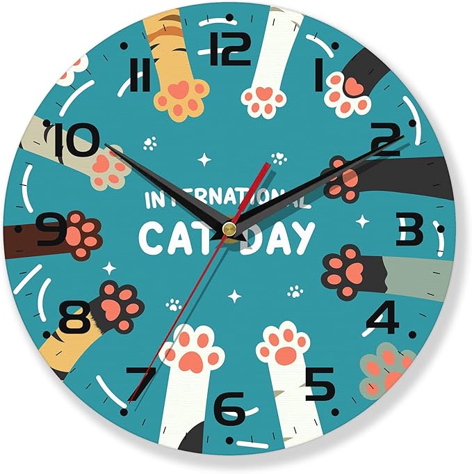 Wall Clock,Cute Cat Paw Wooden Wall Clocks Art Hanging Silent Non-Ticking Wall Clock Battery Operated Round Home Arabic Numeral Decorative Wall Clocks 10 Inch