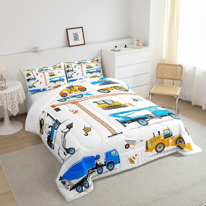 Tractor Comforter Set King Excavator Bedding Set For Boys Kid Construction Trucks Down Comforter Yellow Blue Equipment Truck Machinery Vehicle Bedroom Decor Forklift Bulldozer Crane Duvet Insert