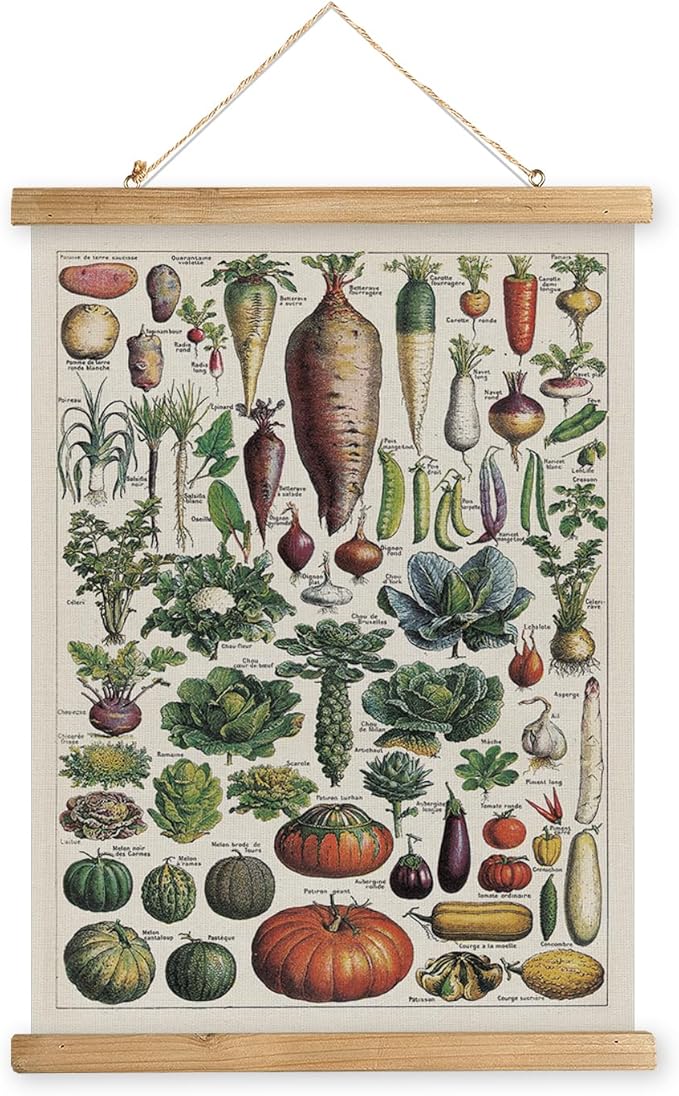 XIAOAIKA Vintage Vegetable Varieties Poster - Illustrated Garden Produce Chart with Wooden Frame - Educational Kitchen Wall Decor Art for Home Chefs and Gardeners 12 x 16 inches