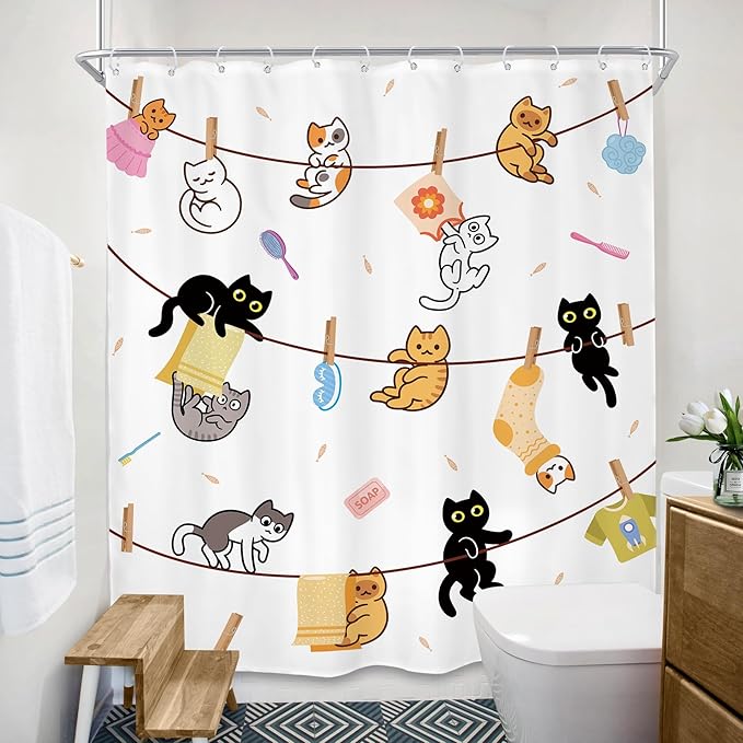 SVBright Cute Cat Shower Curtain 60Wx72L Inch Funny Kids Children Kitten Cartoon Animal Pets Fun Hilarious Lovely Boys Girls 12 Pack Hooks Polyester Waterproof Fabric Bathroom Bathtub Panels