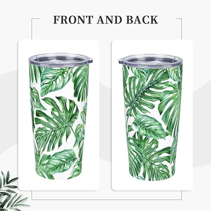 Tropical Palm Leaves Tumbler Stainless Steel Insulated Tumblers with Lid and Straw Reusable Hawaiian Plants Coffee Travel Mug Tea Drinking Wine Cups Unique Gifts for Women 20 Oz