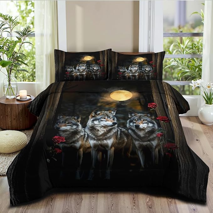Wolves Comforter Set Twin Forest Wolf Safari Animal Bedding Set with Moon Red Rose Comforter and 1 Pillowcase