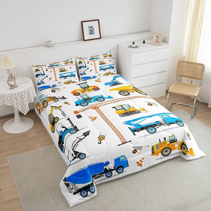 Tractor Comforter Set King Excavator Bedding Set For Boys Kid Construction Trucks Down Comforter Yellow Blue Equipment Truck Machinery Vehicle Bedroom Decor Forklift Bulldozer Crane Duvet Insert