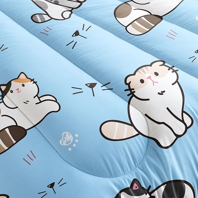 Blue Kawaii Cat Comforter Bedding Set for Girls Lovely Kitten Print Cute Animal Pattern with 1 and 2 Pillowcases Bedroom All Season(Cat Full), Full 80x90inches