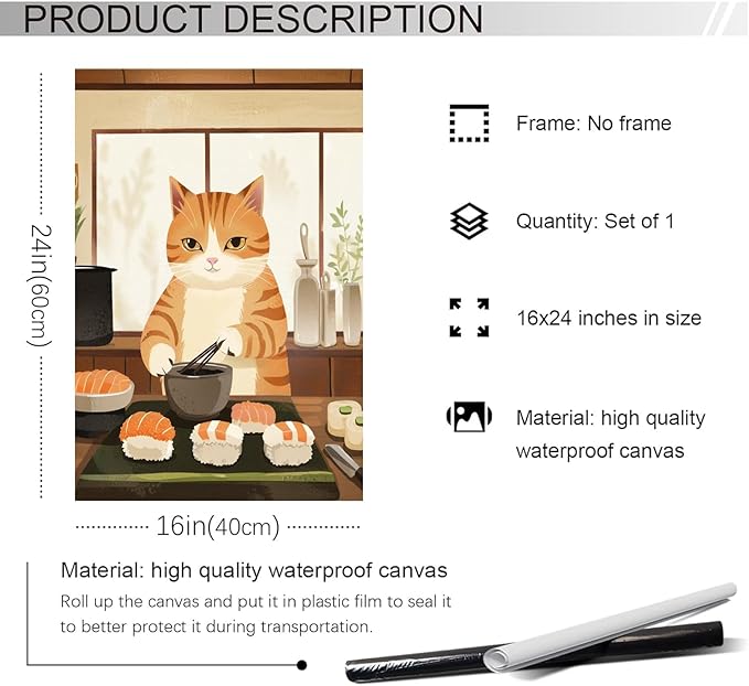 Vintage Cat Chef Kitchen Poster,Funny Food Canvas Wall Art,Cute Cat Cooking Sushi Print, Retro Kitchen Wall Decor, Whimsical Kitchen Art for Home, Dining Room, Cafe 16x24 in Unframed