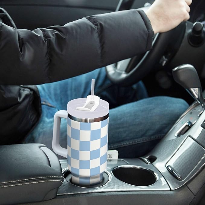 Boccsty Checkered Colorful Blue Insulated Tumblers Reusable Stainless Steel Tumbler 40 oz Cup Coffee Travel Mug Water Bottle with Handle & Flip Straw for Home Office Car