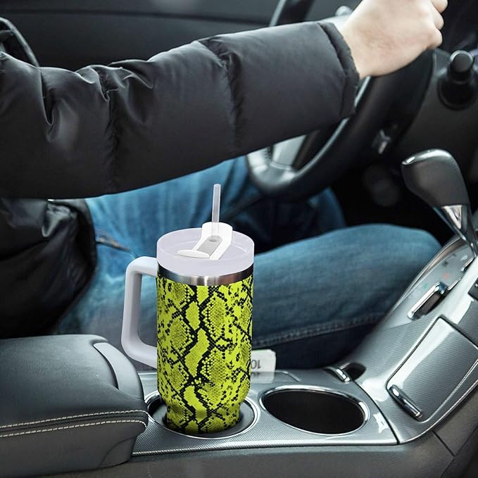Boccsty Neon Green Snakeskin Insulated Tumblers Reusable Stainless Steel Tumbler 30 oz Cup Coffee Travel Mug Water Bottle with Handle & Flip Straw for Home Office Car