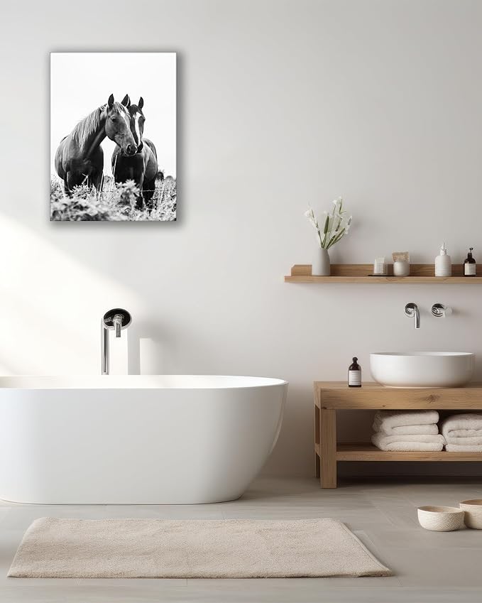UPWOIGH Bathroom Wall Art Decor, Black and White Horse Wall Art, Waterproof Wood Framed Canvas Wall Art Animals Abstract Prints, 12"x16" High-end Pictures for Dormitory Kids Room 1 Pack