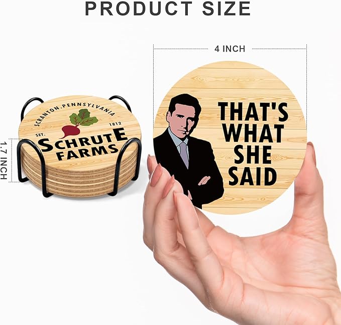 The Office TV Show Themed Merchandise for Fans, Funny Drink Coasters with Coaster Holder Set of 6, The Office Gifts for Fans, Bar Cork Coasters for Drinks Coffee Desk Table