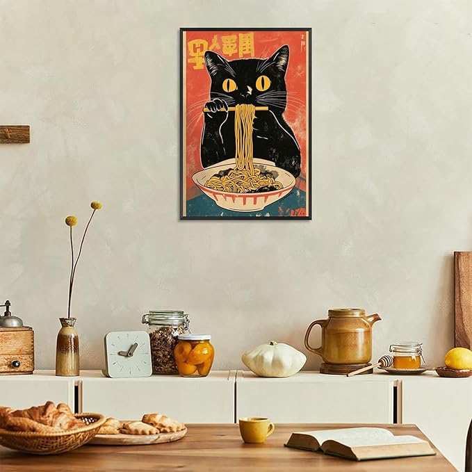 Vintage Cute Black Cat Eats Lamian Noodles Poster Prints Lamian Noodles Canvas Wall Art Cute Black Cat For Home Bedroom Kitchen Dorm Wall Decor 16x24in Black Frame