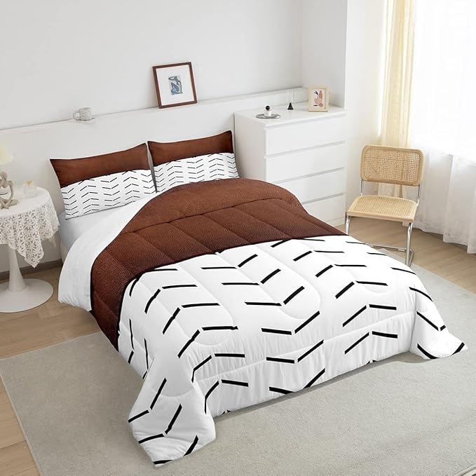 Boho Stripe Bedding Set Full Size Geometric Comforter Set Exotic Morden Black Brown Lines Down Comforter Tribal Minimalism Fashion Bedroom Decor 3 Pieces Duvet Insert for Adult Men Women