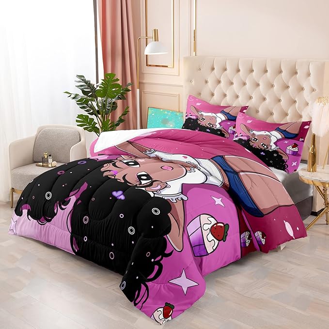 Black Girl Comforter Set Queen Bed Bedding Cute Teenage Girl Bedding Pink African American Pattern Soft Microfiber 3 Piece Quilt Set, 1 Comforter + 2 Pillowcase