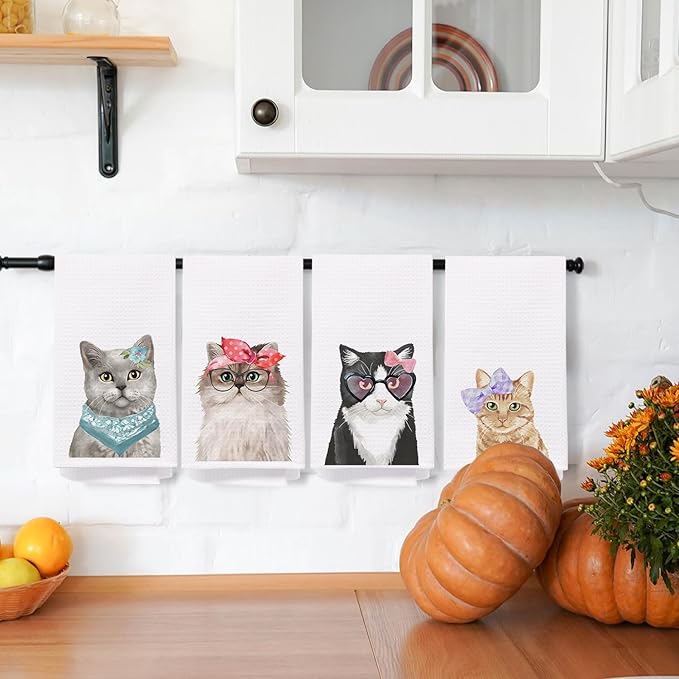 SPBL&L Cute Cat Kitten Kitchen Towels Set of 4, Grey Black Orange Persian Decorative Hand Towels for Bathroom, Kitchen Dish Towels for Cat Lovers, Bathroom Kitchen Decor, 16x24 Inches