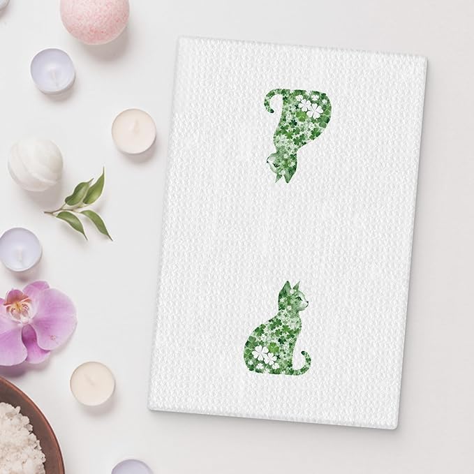 St Patrick's Day Cat Kitchen Towel, Four Leaf Clover St Patrick's Day Hand Towel, Lucky Shamrock St Patricks Day Cat Dish Towel, St Patrick's Day Kitchen Bathroom Decor, 16x24 Inch