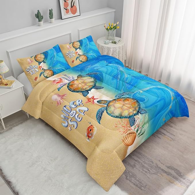 Beach Turtle Comforter Bedding Set for Kids Teens,Watercolor Ocea Starfish Coral Watercolor Beach Themed Comforter with 2 Pillowcases(Beach Turtle Queen)