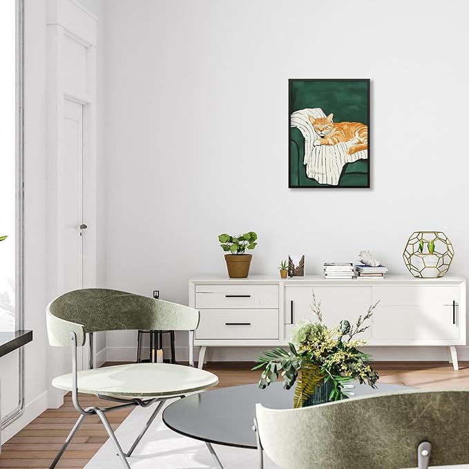 Sleeping Orange Cat poster Green Aesthetic Wall Art Preppy Funky Cute Animal Canvas Painting Gift For Cat Lover 16x24 inch Black Framed for Cozy Room Wall Decor