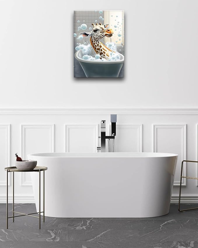 UPWOIGH Funny Bathroom Wall Art, Colorful Giraffe Wall Decor, Waterproof Wood Framed Canvas Wall Art Bathing Animals Abstract Prints, 30x40CM High-end Pictures for Bedroom Kids Room Dormitory 1 Pack