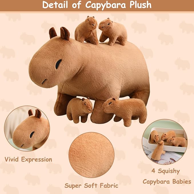SQEQE Capybara Mommy Plush with 4 Cute Babies Capybara Stuffed Animals, Super Soft Plushie Stuffed Cotton Plushies Animal Toy Gift for Boys and Girls