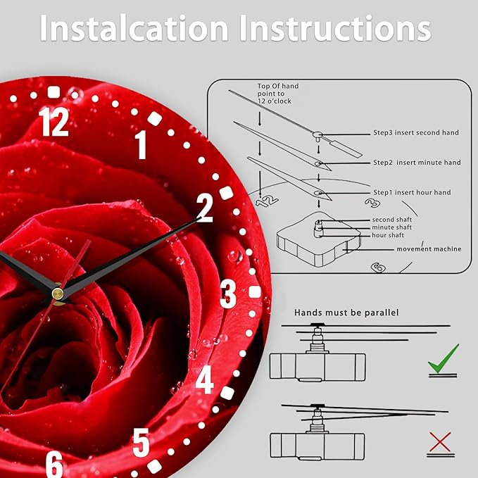 SPUNKER Wall Clocks,Red Rose Wall Clock Battery Operated 10 Inch,Flower Bloom Romance Round Clock Silent Non-Ticking Wall Decor for Farmhouse Office Home School Living Room Bedroom