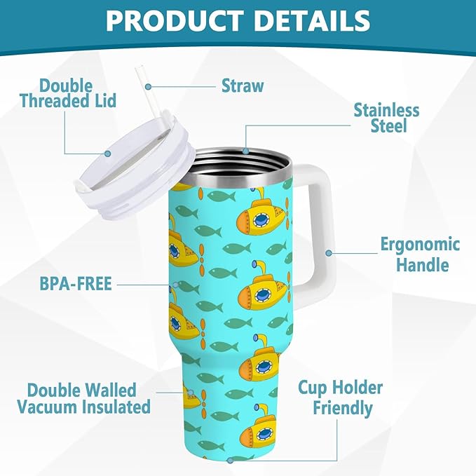 Boccsty Yellow Submarine Insulated Tumblers Colorful Fish Reusable Stainless Steel Tumbler 40 oz Cup Coffee Travel Mug Water Bottle with Handle & Flip Straw for Home Office Car