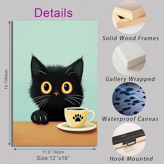 Ypxzzj Cute Black Cat Drinks Coffee Canvas Art Print, 12''x16'', Living Room, Bedroom Wall Decor