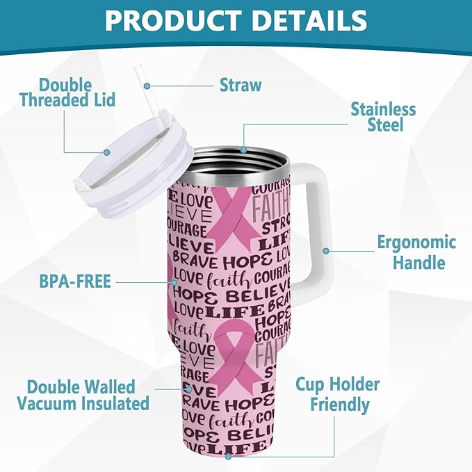 Boccsty Pink Ribbon Healthcar Breast Cancer Awareness Insulated Tumblers Reusable Stainless Steel Tumbler 30 oz Cup Coffee Travel Mug Water Bottle with Handle & Flip Straw for Home Office Car