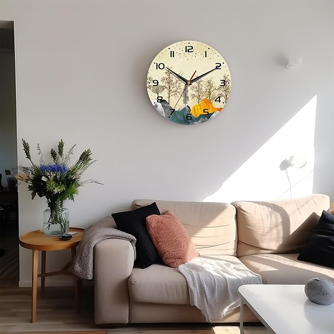Wall Clock, 10 Inch Silent Non-Ticking Home Kitchen Decor, Battery Operated for Bathroom Bedroom Living Room Office(Golden Forest Mountain)