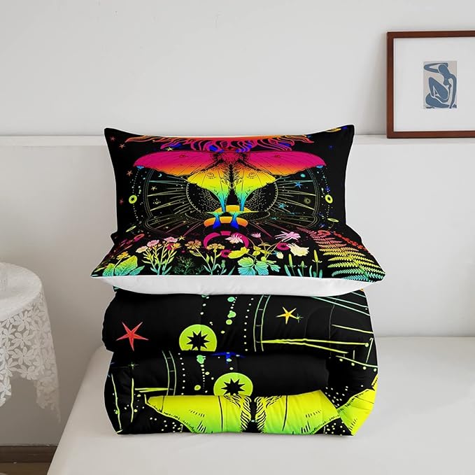 Sun and Moon Comforter Set Queen Rainbow Moth Bedding Sets Hippie Psychedelic Floral Botanical Comforter For Girls Teen Women,Trippy Galaxy Stars Planet Quilt Duvet Colorful 2 Pillow cases