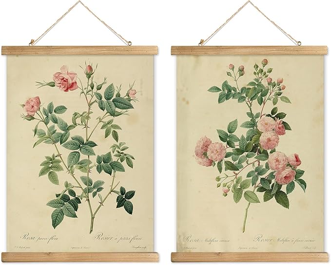 XIAOAIKA 2 Pack Vintage Rose Botanical Prints Poster - Antique Flower Illustrations with Wooden Scroll Frame - Elegant Wall Art for Home Decor, Garden Enthusiast, or Floral Designer 16 x 23 Inches