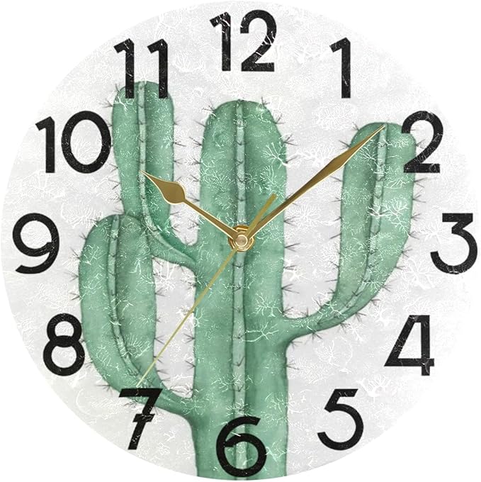 Summer Cactus Cacti Round Wall Clock 10 Inch Tropical Style Quartz Battery Operated Summer Decoration for Living Room Kitchen Bedroom Bathroom Large Numbers