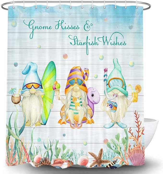 Summer Gnome Shower Curtain, Tropical Starfish Seashells Coral Summer Beach Theme Cute Kids Shower Curtains Set for Bathroom, 69x70 Inch Waterproof Fabric with Hooks