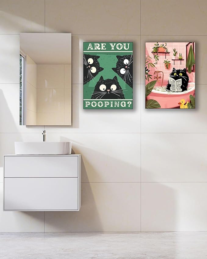 UPWOIGH Bathroom Wall Art Decor, Black Cat Reading the Newspaper Wall Art, Waterproof Wood Framed Canvas Wall Art Animals Abstract Prints, 12"x16" High-end Pictures for Dormitory Kids Room