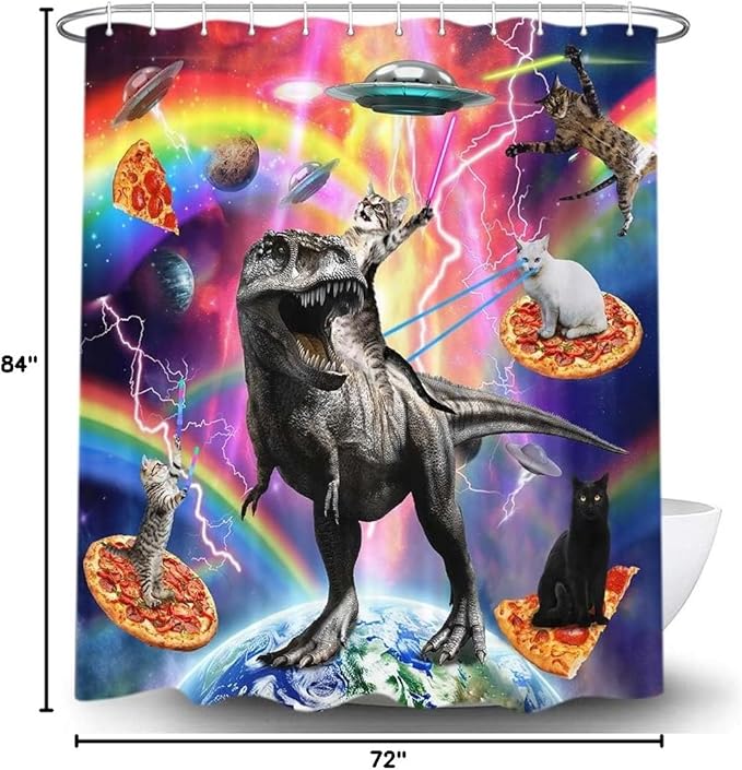Torich Funny Cat Shower Curtain for Bathroom, Kids Cool Cat Riding Cute Dinosaur on Outer Space Universe Fantasy Galaxy Hilarious Shower Curtain Set, Anime Fabric Bathtub Decor Hooks, 72X84IN