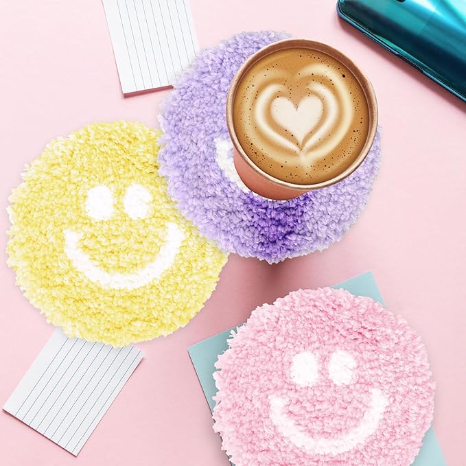 Whaline 4Pcs Smile Face Tufted Coasters Cute Preppy Drink Coasters Colorful Happy Face Cup Mat Pad for Drinks Car Desk Kitchen Home Accessories Coffee Table Gift