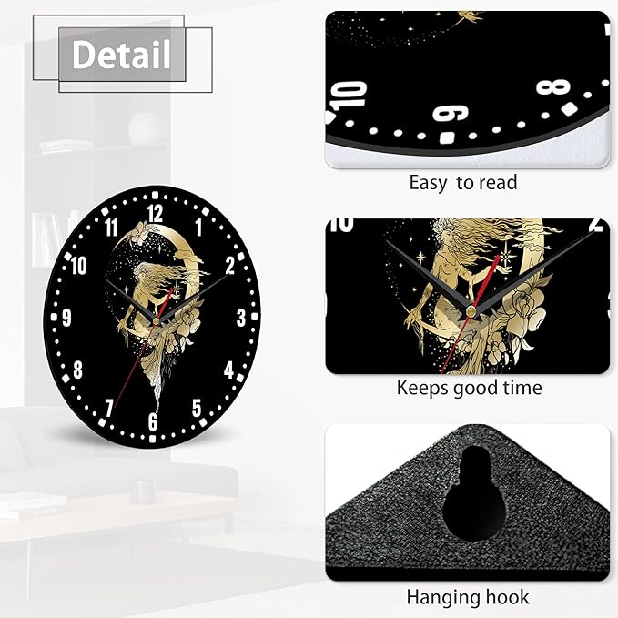 SPUNKER Clock for Bedroom,Moon Stars Queen Wall Clocks,Woman Flower Battery Operated Wall Clock Silent Non-Ticking Decorative for Home Kitchen Bathroom Living Room Bedroom Office 10 Inch