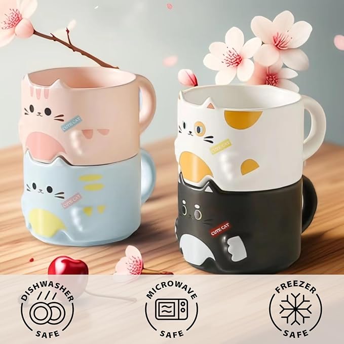 Stackable Mug Set of 4, Adorable Ceramic Coffee Mugs with Funny Cartoon Cat Designs, Perfect Gifts for Parties, Christmas, and Cat Lovers, 10 oz
