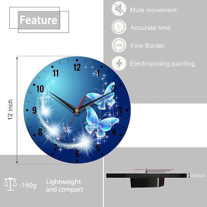 SPUNKER Wall Clock,Blue Glowing Butterflies Kitchen Wall Clock,Stars Clocks 10 Inch Silent Non-Ticking Wall Battery Operated for Living Room Bedroom Bathroom Laundry Room Decor