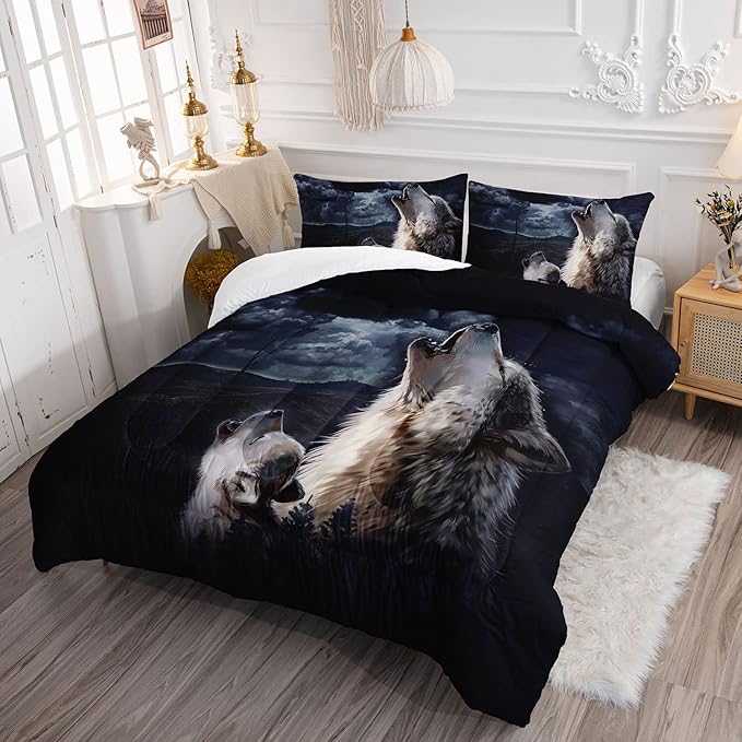 Storm Wolf Kids Comforter Bedding Set for Boys Girls,Watercolor Wolf Dark Clouds Wild Animal Comforter with 2 Pillowcases(Storm Wolf Full)