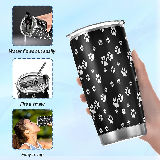 Tumbler White Dog Cat Paw Print Black Insulated Coffee Cup Beverage Container Travel Mug with Straw and Lid Double Wall Stainless Steel 20oz BPA-Free for Sport, Back to School